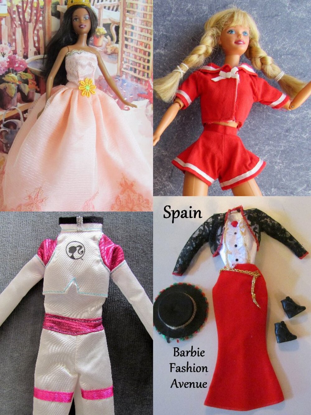 BARBIE DOLL + 4 OUTFITS: BALLGOWN, SPANISH, ASTRONAUT, VINTAGE TOP SHORTS